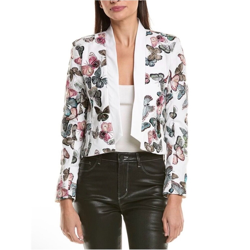 L’AGENCE Butterfly Print Cropped Jacket Blazer White Embroidered Size 0